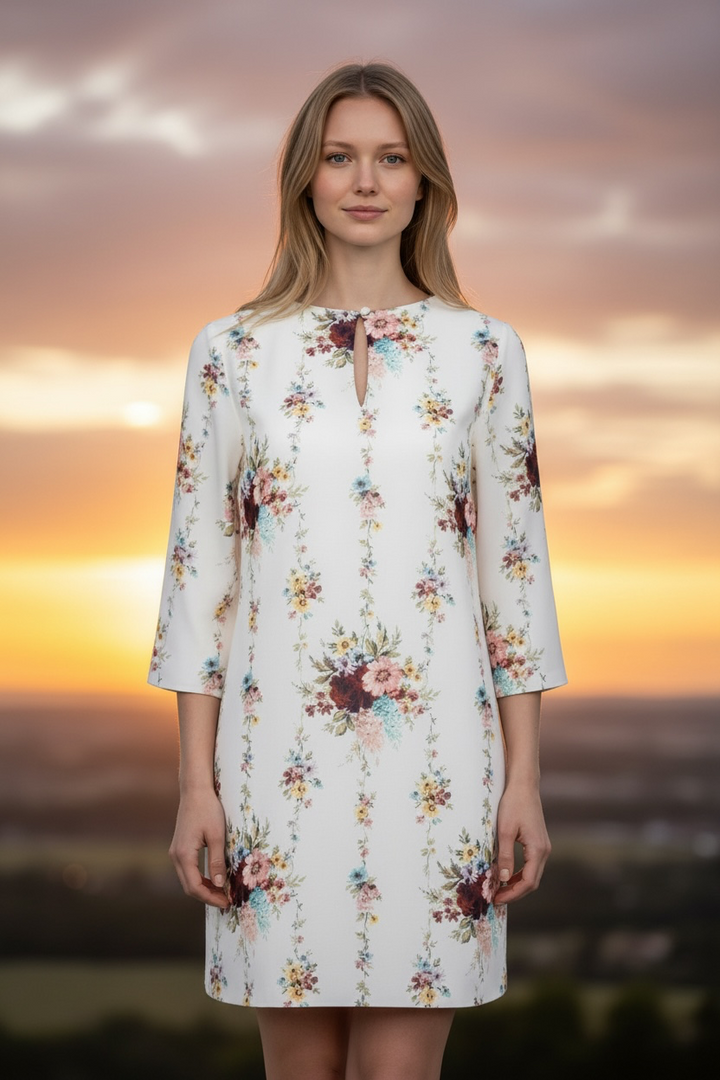 Alice + Olivia Vintage Bouquet floral dress in cream, size XS. New with tags, featuring a V-neck, flowing sleeves and romantic multicolor florals.