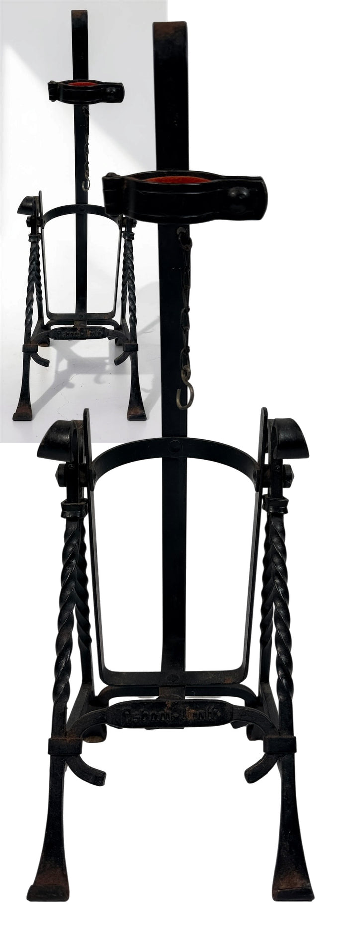 Vintage Asbach Uralt wrought iron German brandy bottle pouring cradle with tilting holder, twisted ironwork and original aged patina. Collectible barware.