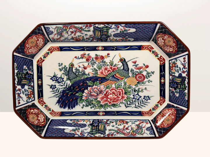 Plat de service japonais Imari aux paons en porcelaine vintage