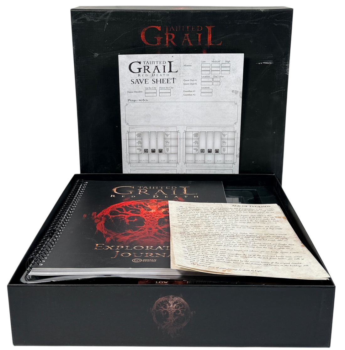 Advanced Red Death campaign expansion for Tainted Grail. Complete with miniatures, journal, and story content. Requires Fall of Avalon core box.