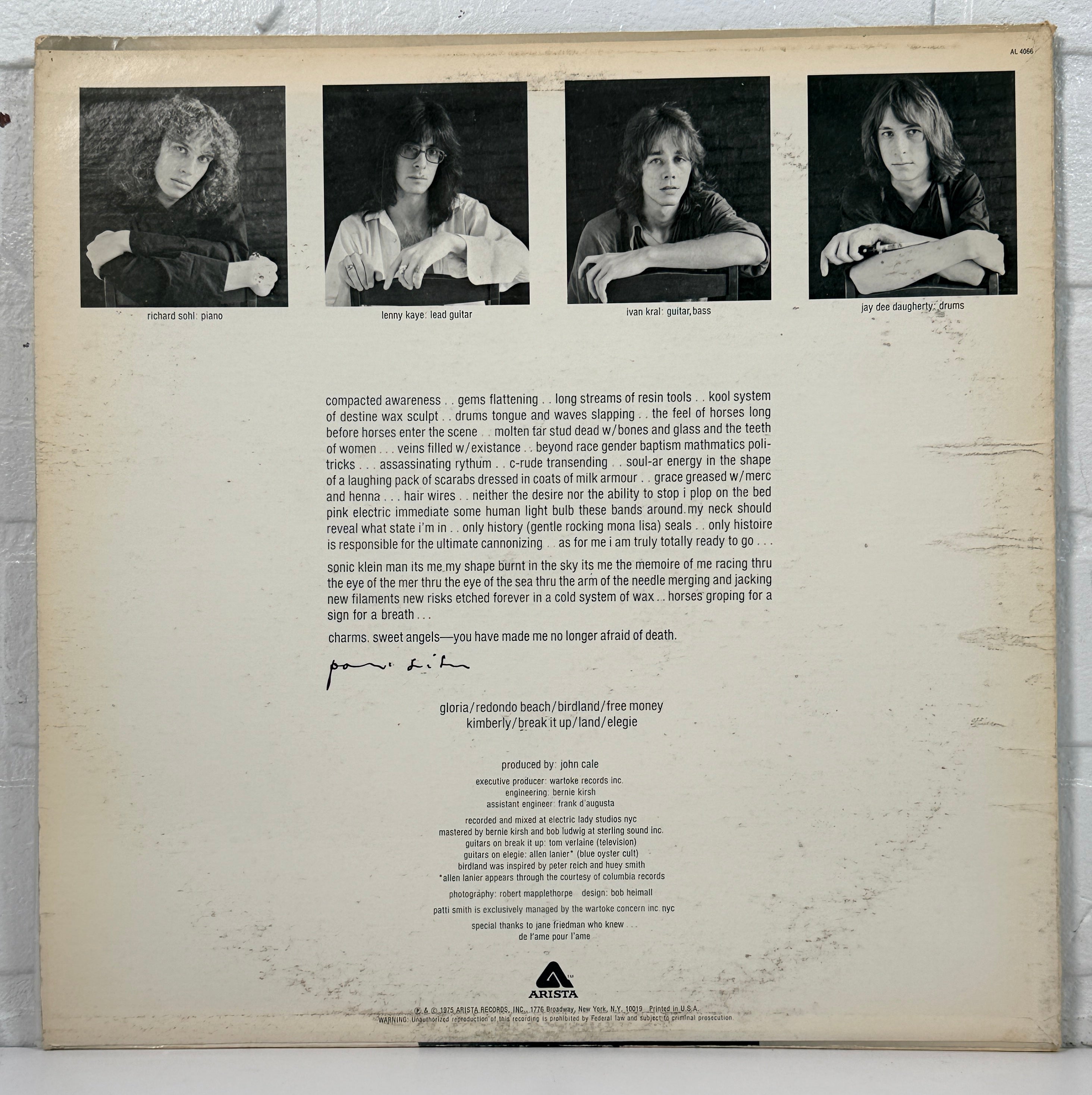 Original 1975 Patti Smith Horses LP on Arista. VG vinyl with worn sleeve. Punk and art-rock classic, priced for listening collectors and fans.