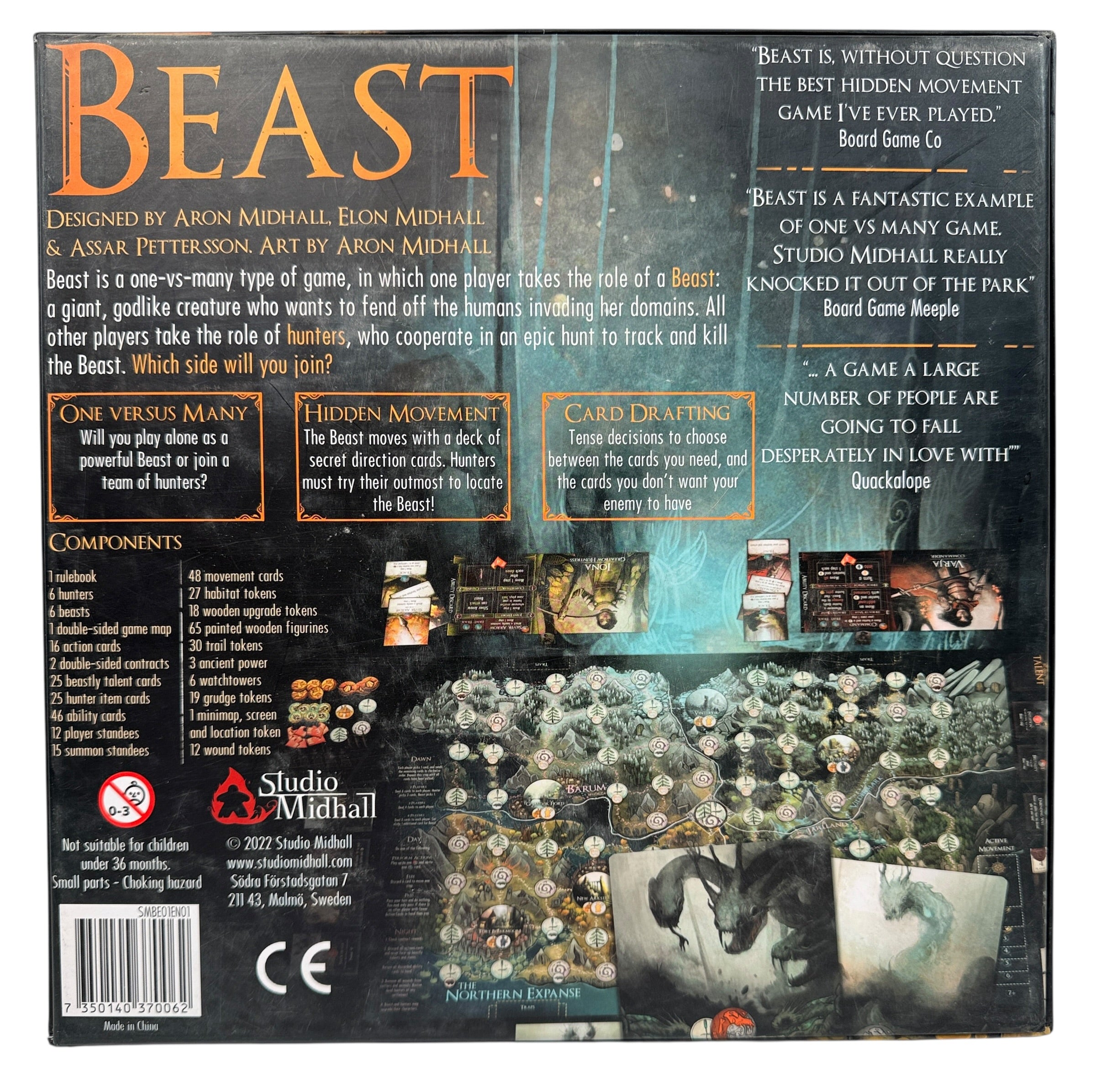 Beast asymmetric strategy board game by Studio Midhall. Complete VG+ copy with all cards, boards, and tokens. Fast hidden-movement fantasy gameplay.
