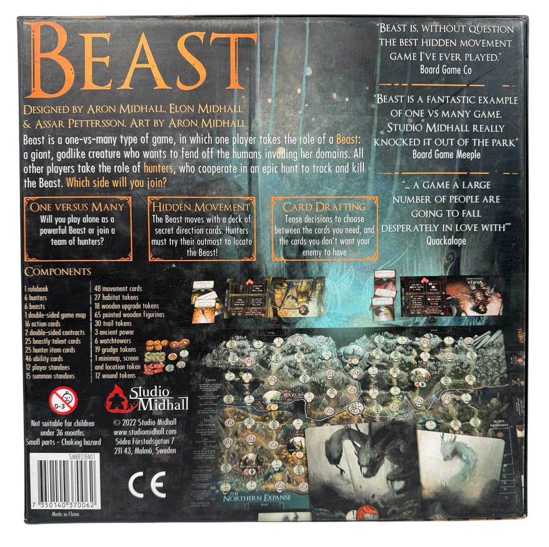 Beast asymmetric strategy board game by Studio Midhall. Complete VG+ copy with all cards, boards, and tokens. Fast hidden-movement fantasy gameplay.
