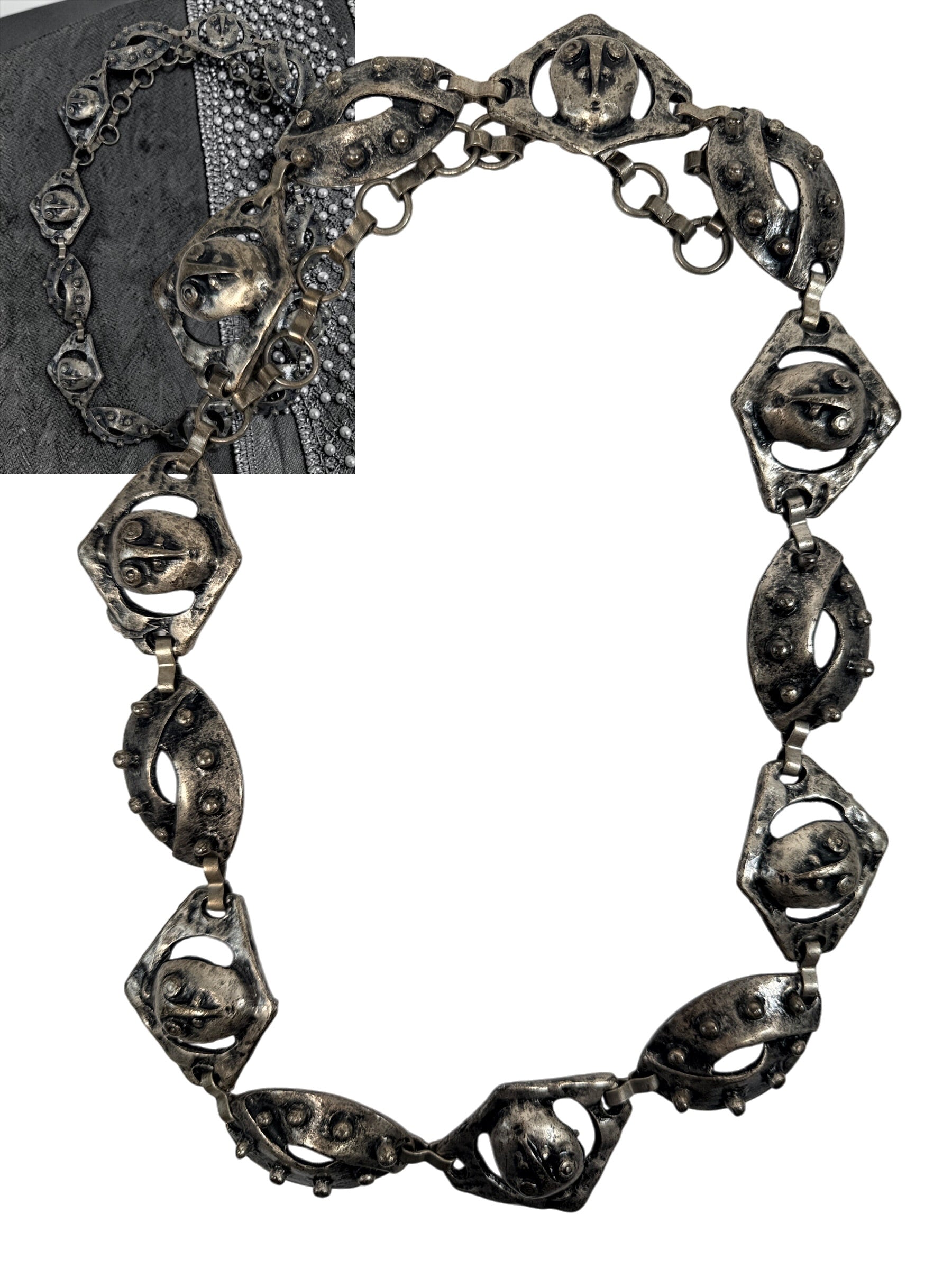 Vintage Brutalist Pewter Face Link Belt 37" Modernist Sculptural Jewelry