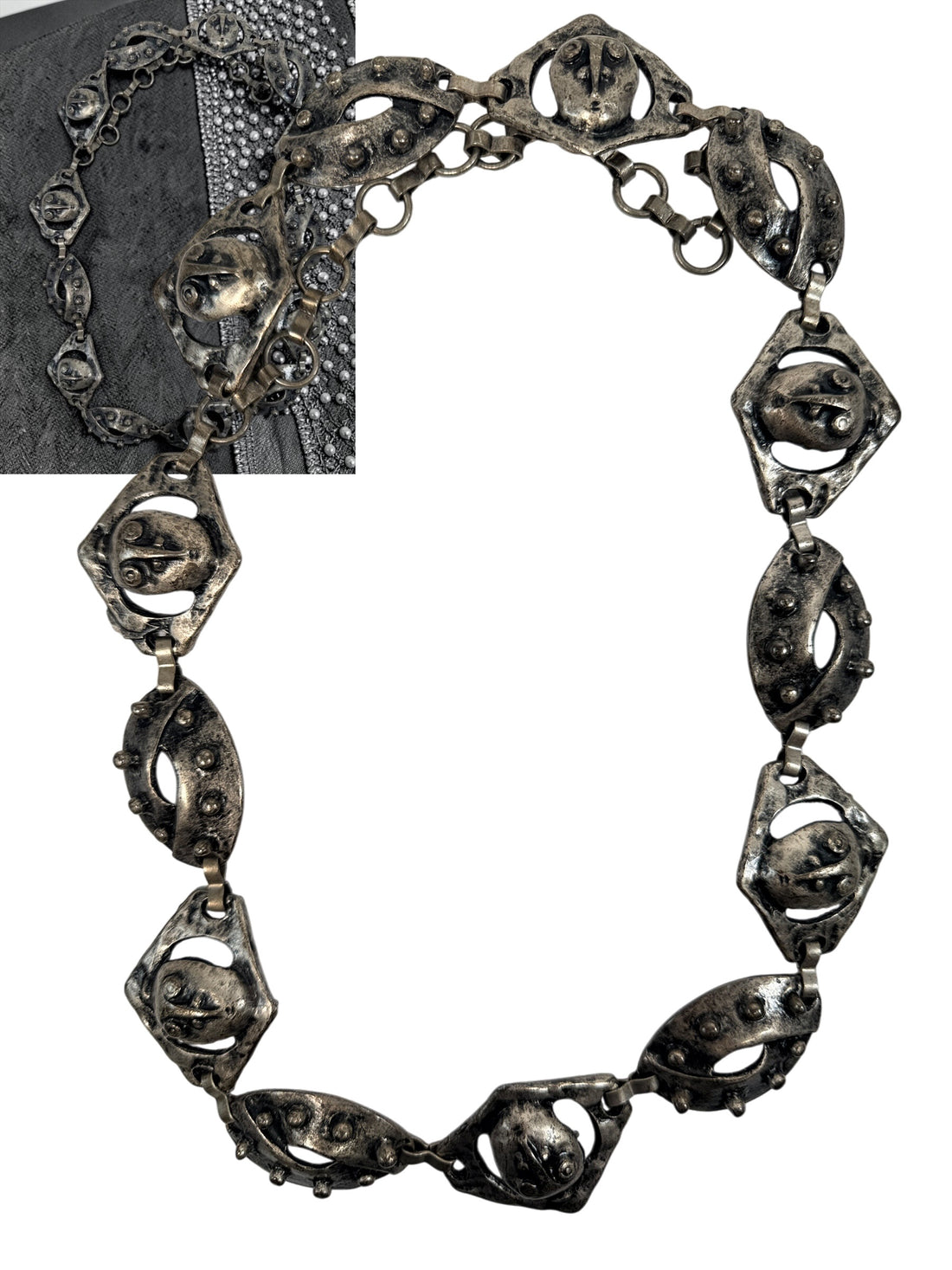 Vintage Brutalist Pewter Face Link Belt 37" Modernist Sculptural Jewelry