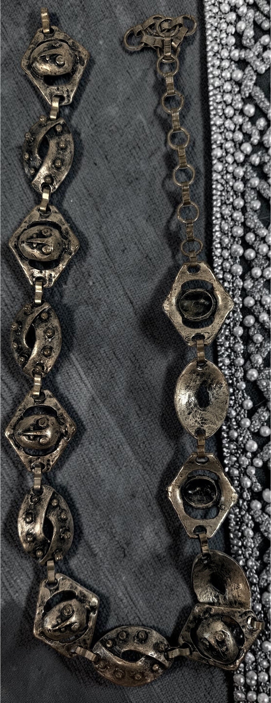Vintage Brutalist Pewter Face Link Belt 37" Modernist Sculptural Jewelry