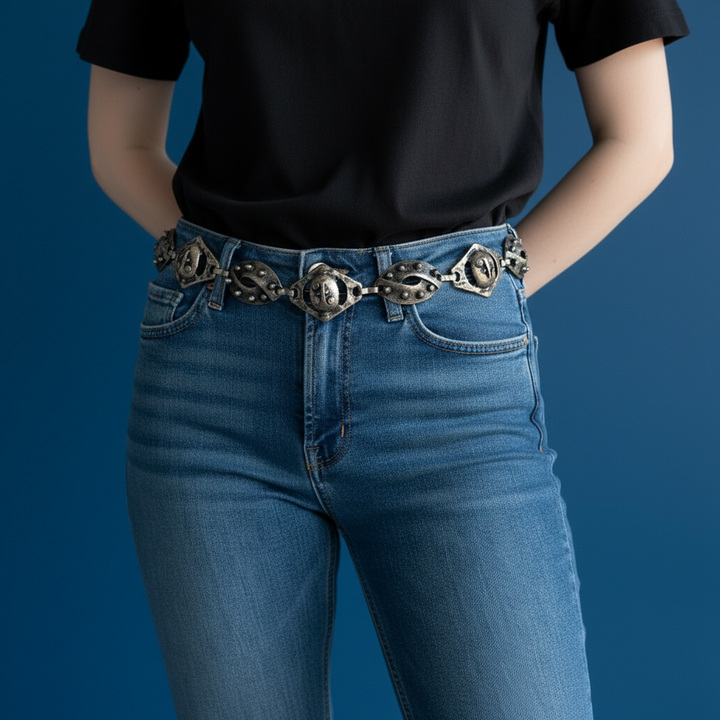 Ceinture à maillons visage en étain brutaliste vintage 37" Bijoux sculpturaux modernistes