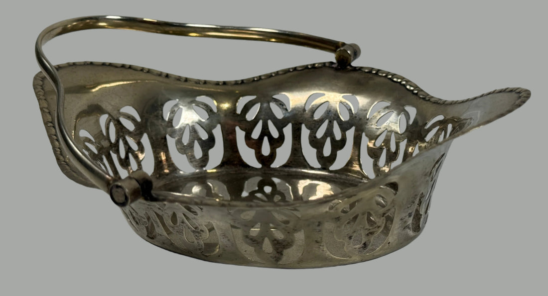 Antique Birmingham sterling silver pierced bonbon basket, c.1900s, 70g. Edwardian English silver, elegant openwork design, collectible centerpiece.
