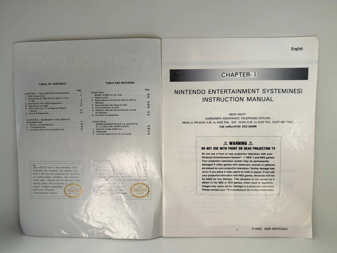Original 1989 Nintendo NES Control Deck CAN-3 Canadian bilingual English/French instruction manual, distributed by Mattel Canada and made in Japan.