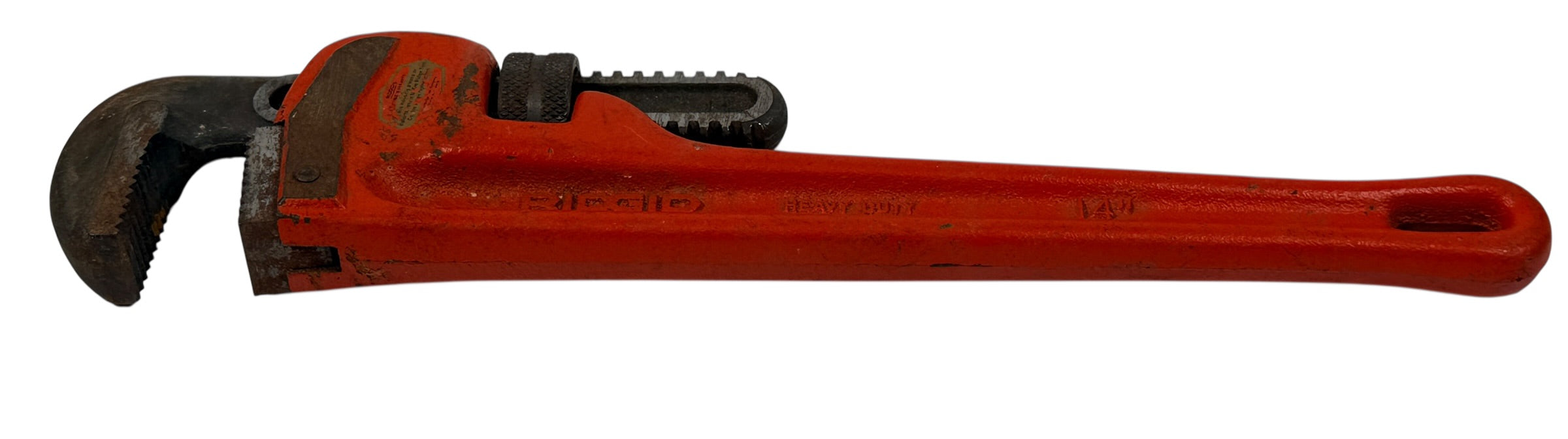 Vintage RIDGID 14 inch pipe wrench made in Elyria, Ohio USA. Heavy duty professional plumbing tool with classic industrial look and solid function.