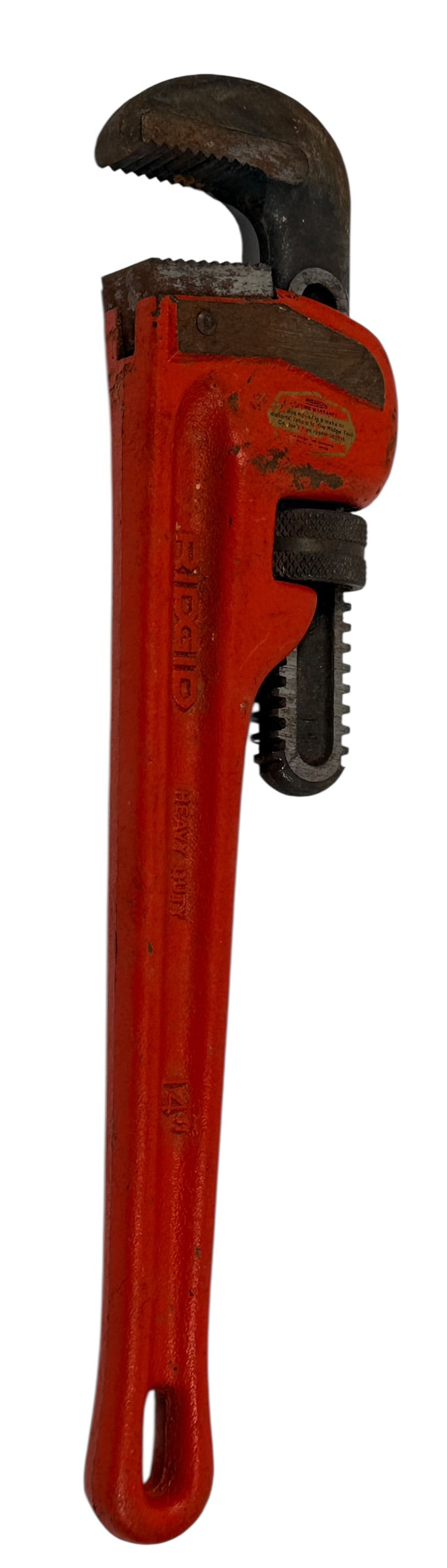 Vintage RIDGID 14 inch pipe wrench made in Elyria, Ohio USA. Heavy duty professional plumbing tool with classic industrial look and solid function.