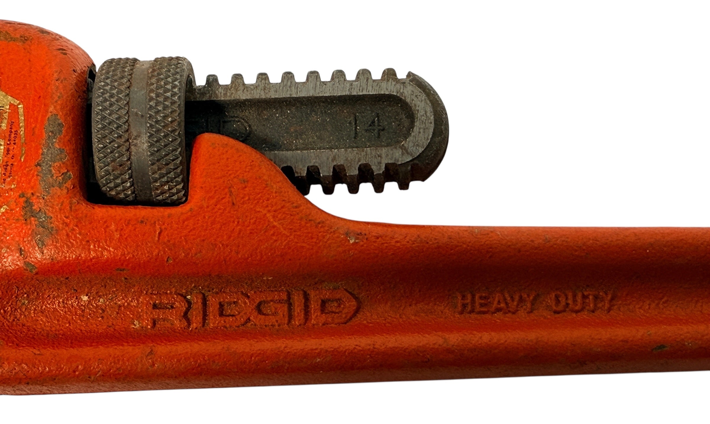 Vintage RIDGID 14 inch pipe wrench made in Elyria, Ohio USA. Heavy duty professional plumbing tool with classic industrial look and solid function.