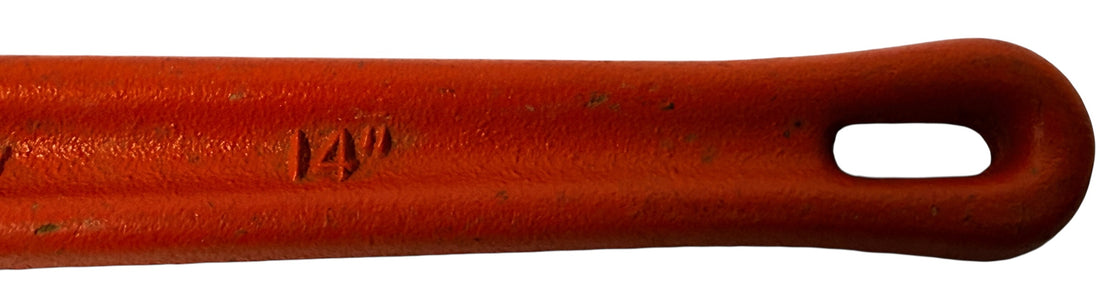 Vintage RIDGID 14 inch pipe wrench made in Elyria, Ohio USA. Heavy duty professional plumbing tool with classic industrial look and solid function.