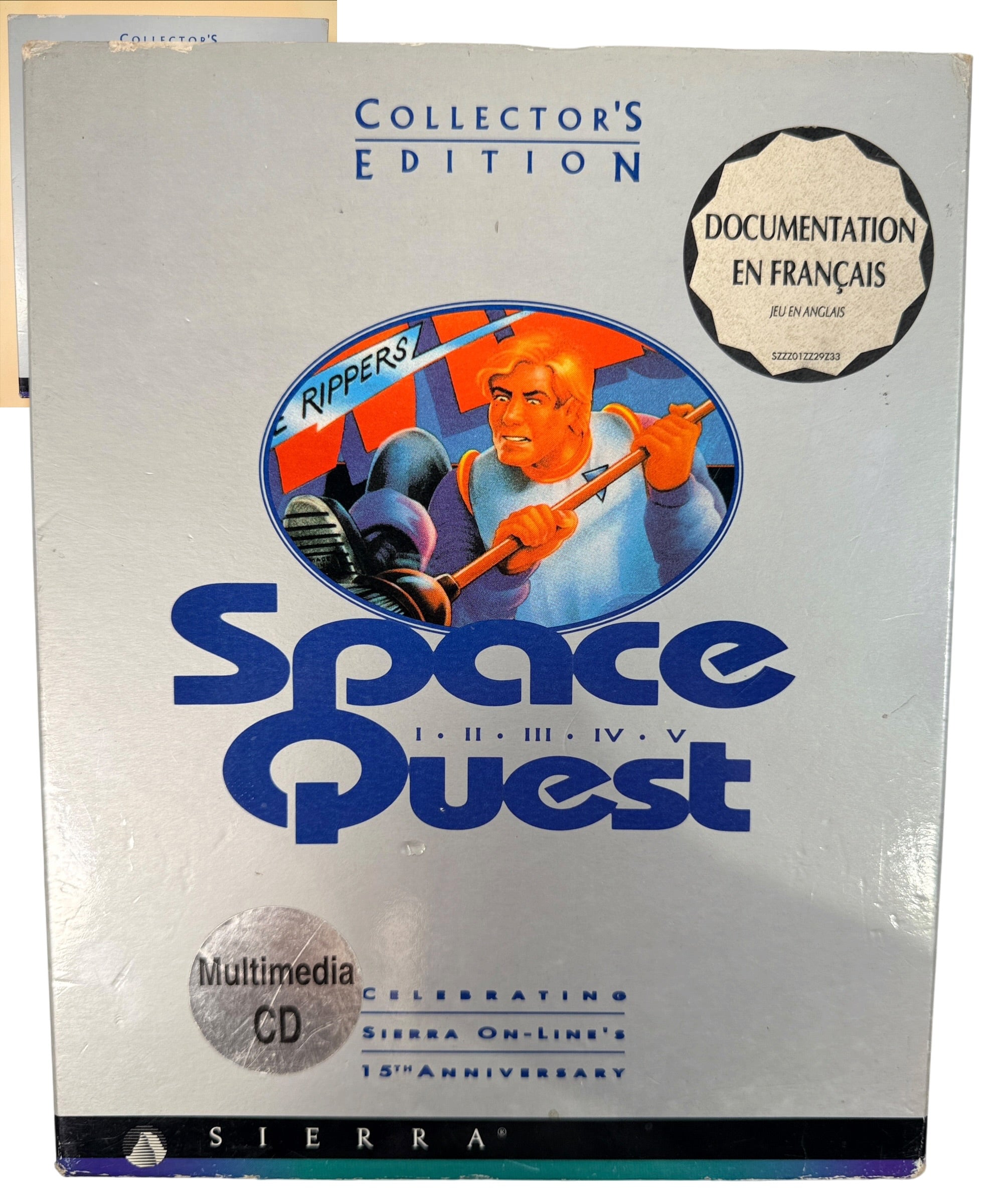 Vintage 1994 Sierra Space Quest Collector’s Edition I–V PC CD-ROM big box with multilingual manual and French documentation. Classic DOS gaming.