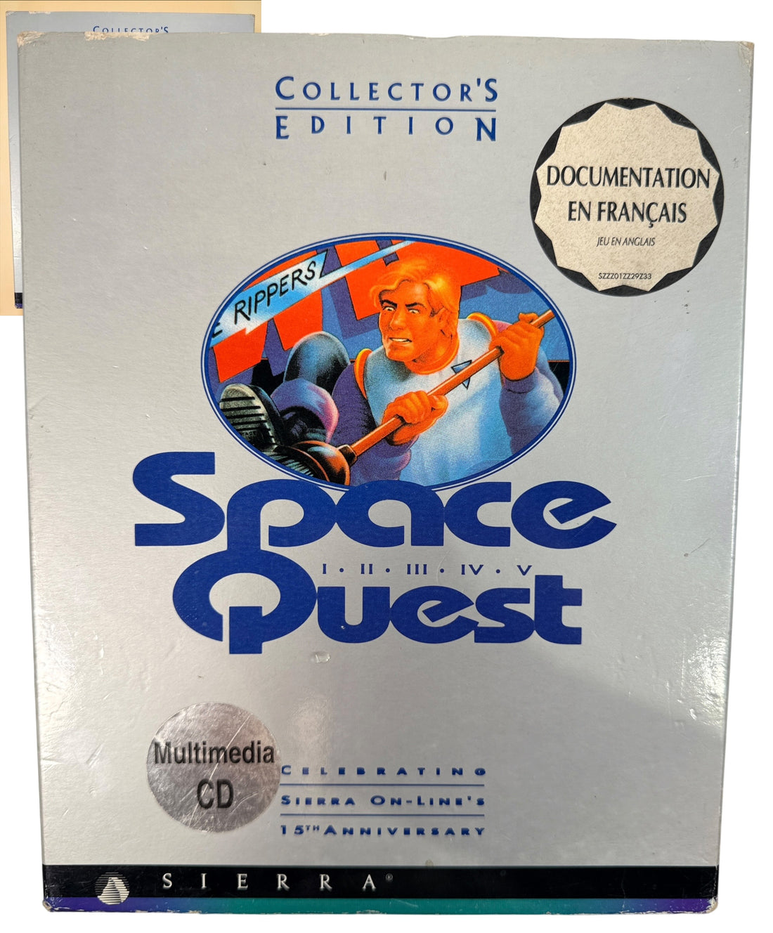 Vintage 1994 Sierra Space Quest Collector’s Edition I–V PC CD-ROM big box with multilingual manual and French documentation. Classic DOS gaming.