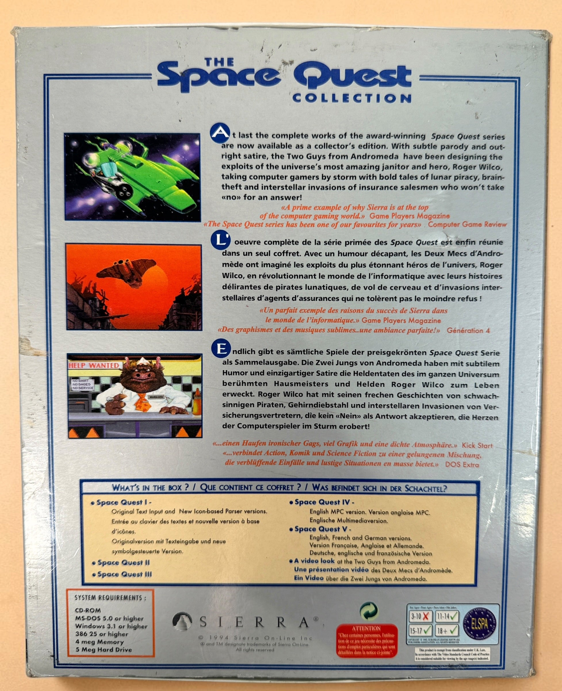 Vintage 1994 Sierra Space Quest Collector’s Edition I–V PC CD-ROM big box with multilingual manual and French documentation. Classic DOS gaming.