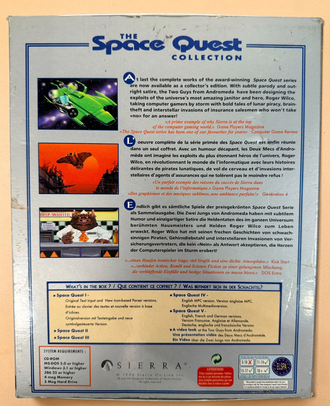 Vintage 1994 Sierra Space Quest Collector’s Edition I–V PC CD-ROM big box with multilingual manual and French documentation. Classic DOS gaming.