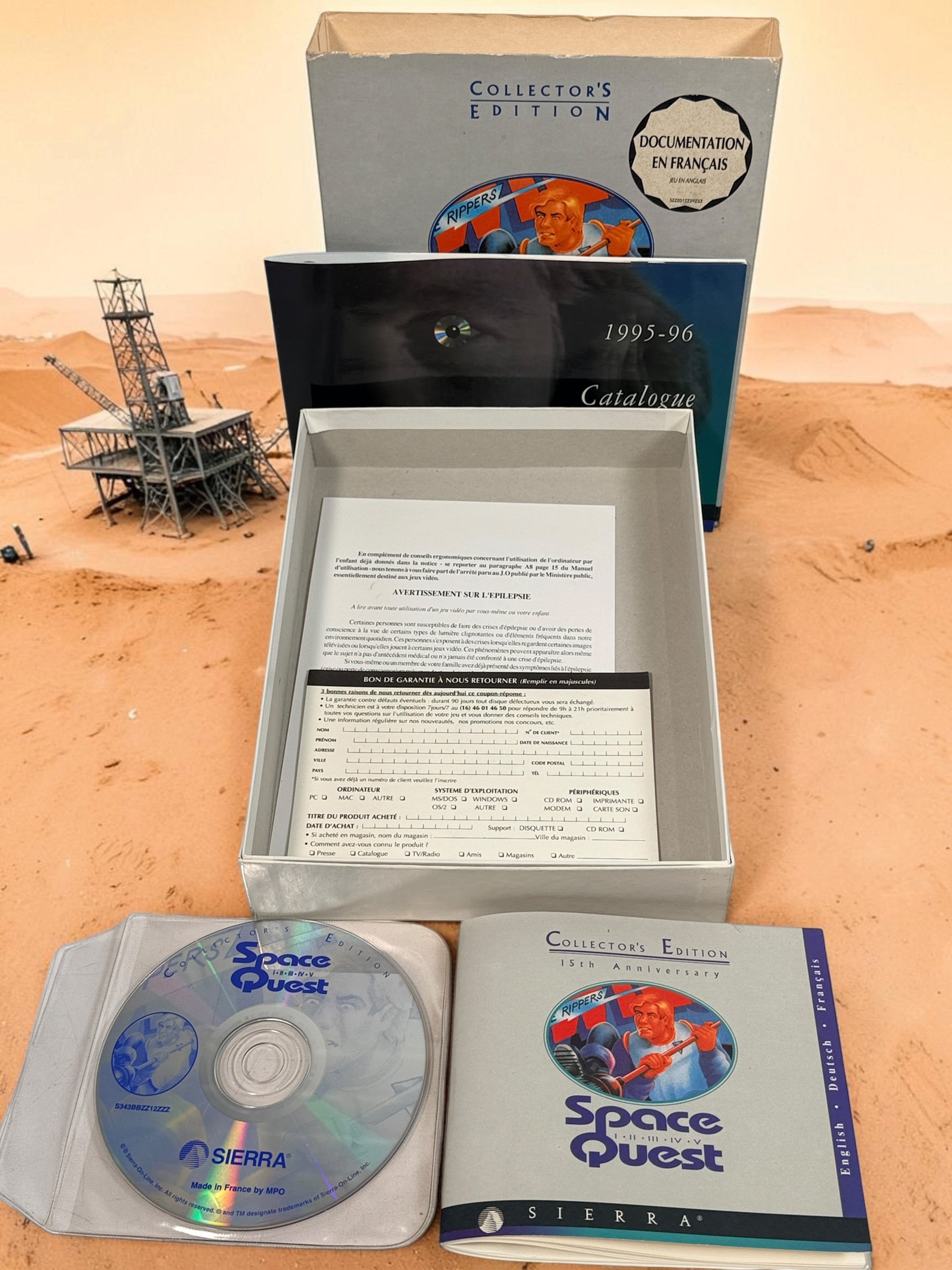 Vintage 1994 Sierra Space Quest Collector’s Edition I–V PC CD-ROM big box with multilingual manual and French documentation. Classic DOS gaming.