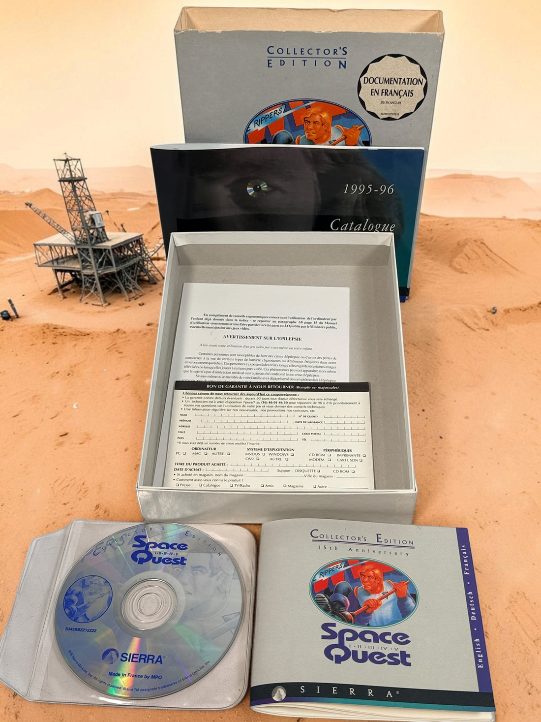 Vintage 1994 Sierra Space Quest Collector’s Edition I–V PC CD-ROM big box with multilingual manual and French documentation. Classic DOS gaming.