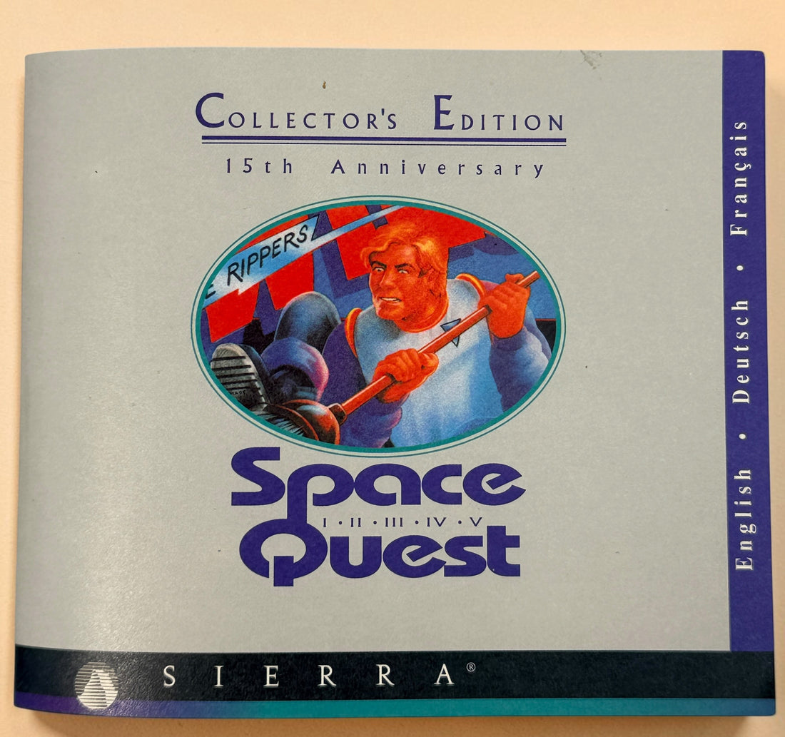 Vintage 1994 Sierra Space Quest Collector’s Edition I–V PC CD-ROM big box with multilingual manual and French documentation. Classic DOS gaming.