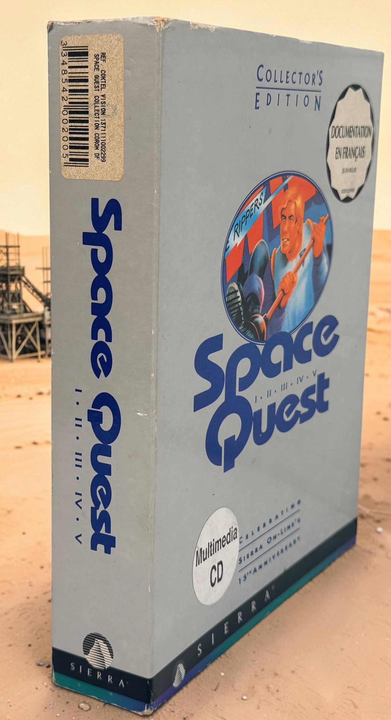 Vintage 1994 Sierra Space Quest Collector’s Edition I–V PC CD-ROM big box with multilingual manual and French documentation. Classic DOS gaming.