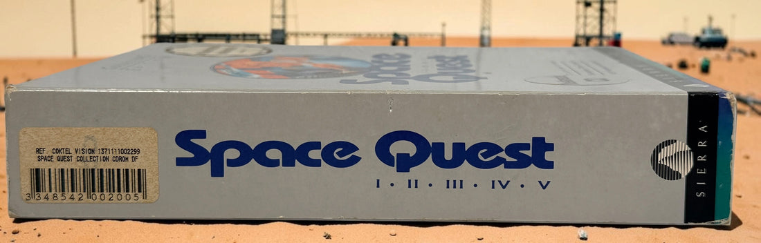 Vintage 1994 Sierra Space Quest Collector’s Edition I–V PC CD-ROM big box with multilingual manual and French documentation. Classic DOS gaming.