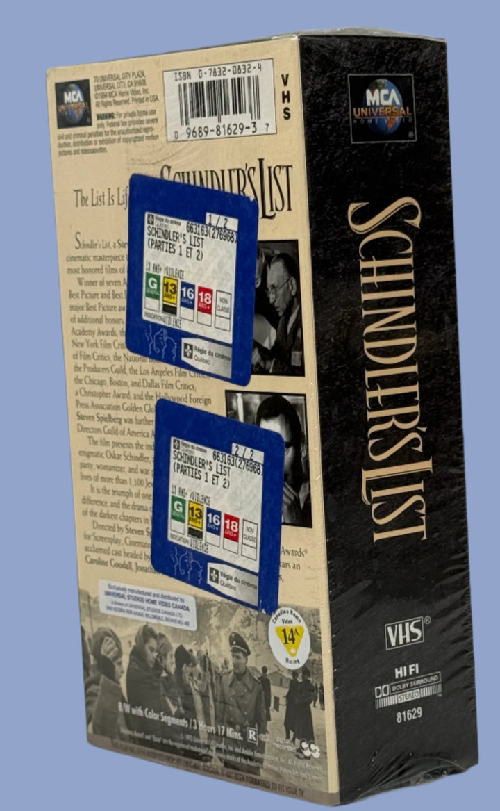VHS tape box of 'Schindler's List' on a white background