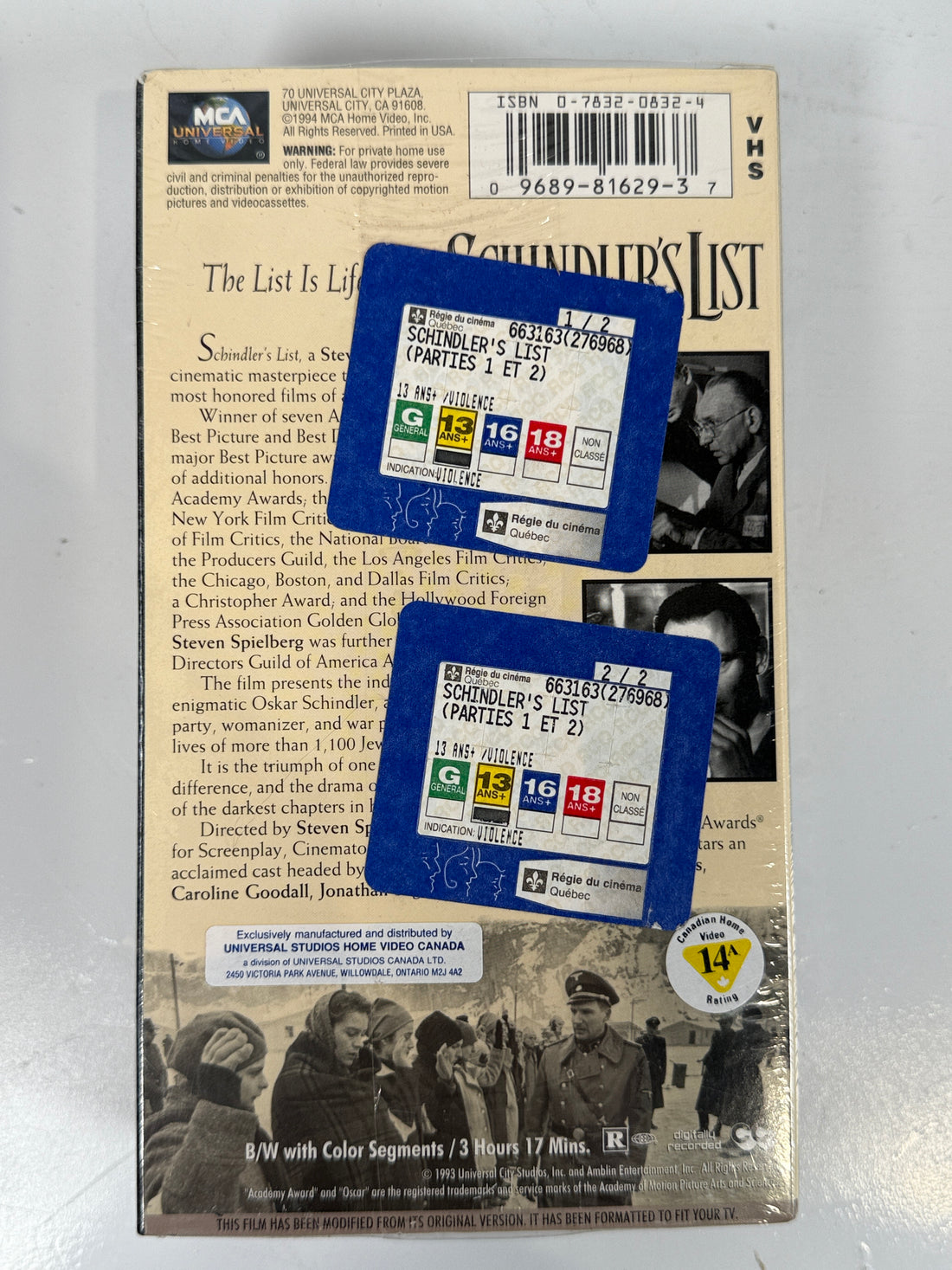 Schindler’s List (1993) – Sealed 2-Tape VHS Box Set – MCA Canada