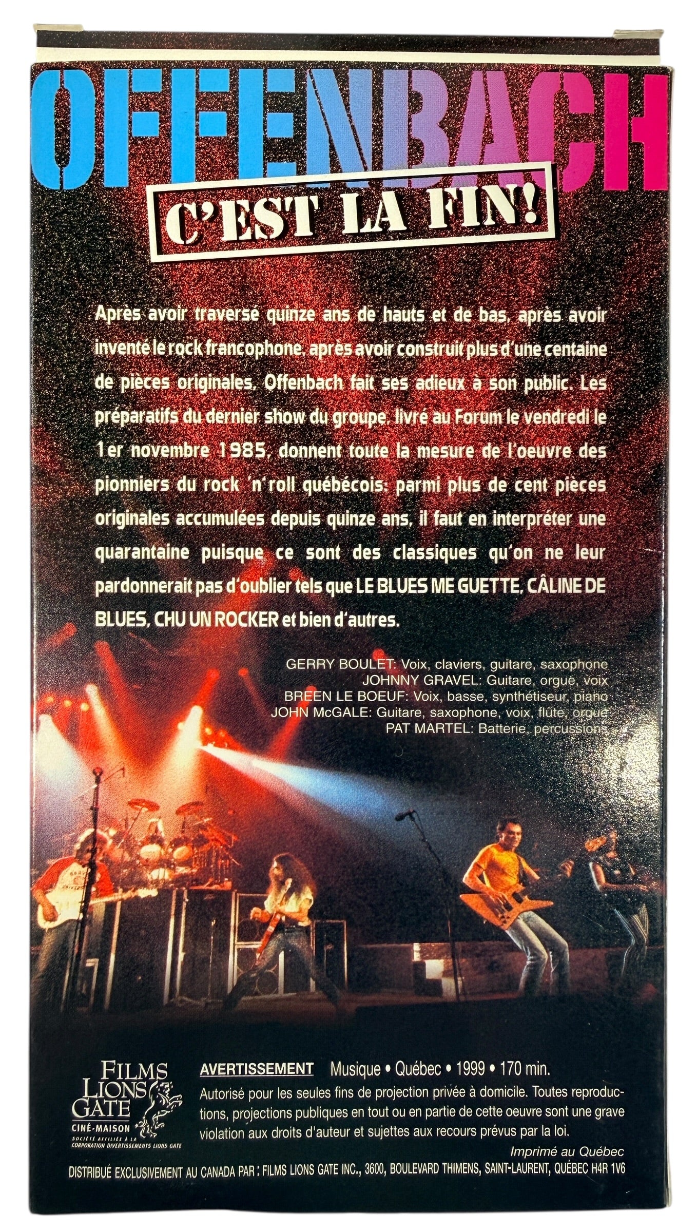 Vintage Offenbach Quebec rock concert VHS Le Dernier Show au Forum rare francophone music collectible Lions Gate release classic Canadian rock memorabilia