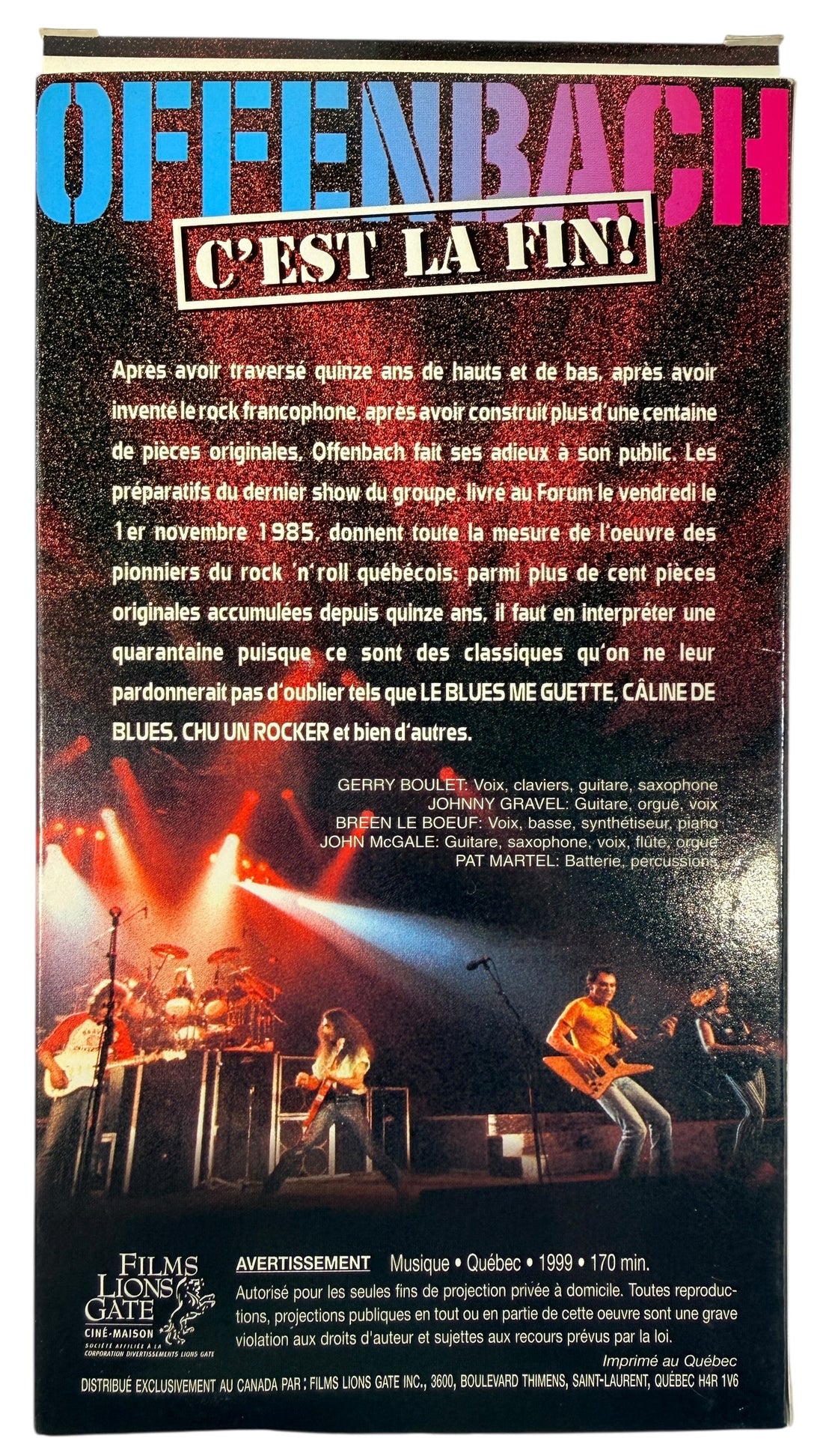 Vintage Offenbach Quebec rock concert VHS Le Dernier Show au Forum rare francophone music collectible Lions Gate release classic Canadian rock memorabilia