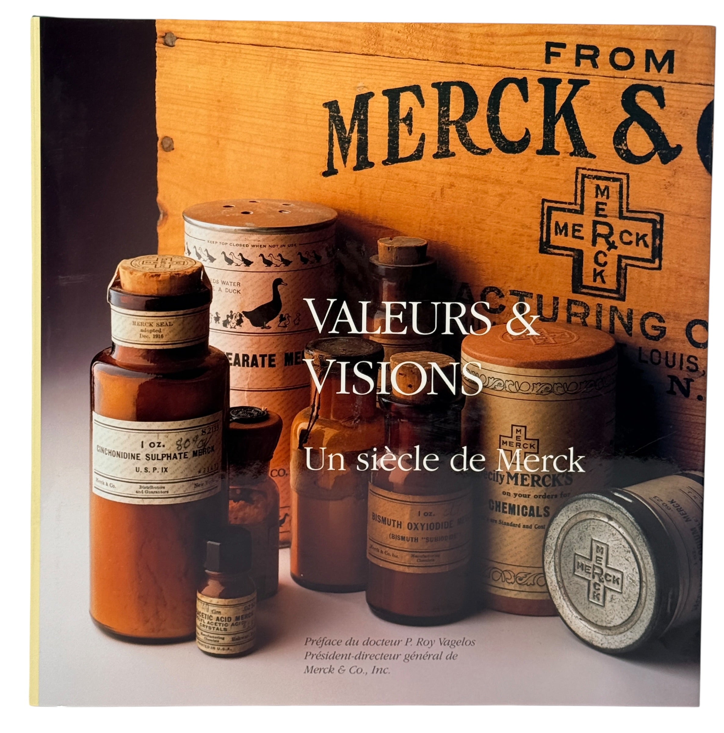 Vintage Merck centennial history book in French featuring archival pharma history photos and corporate memorabilia appeal. Clean collectible hardcover edition.