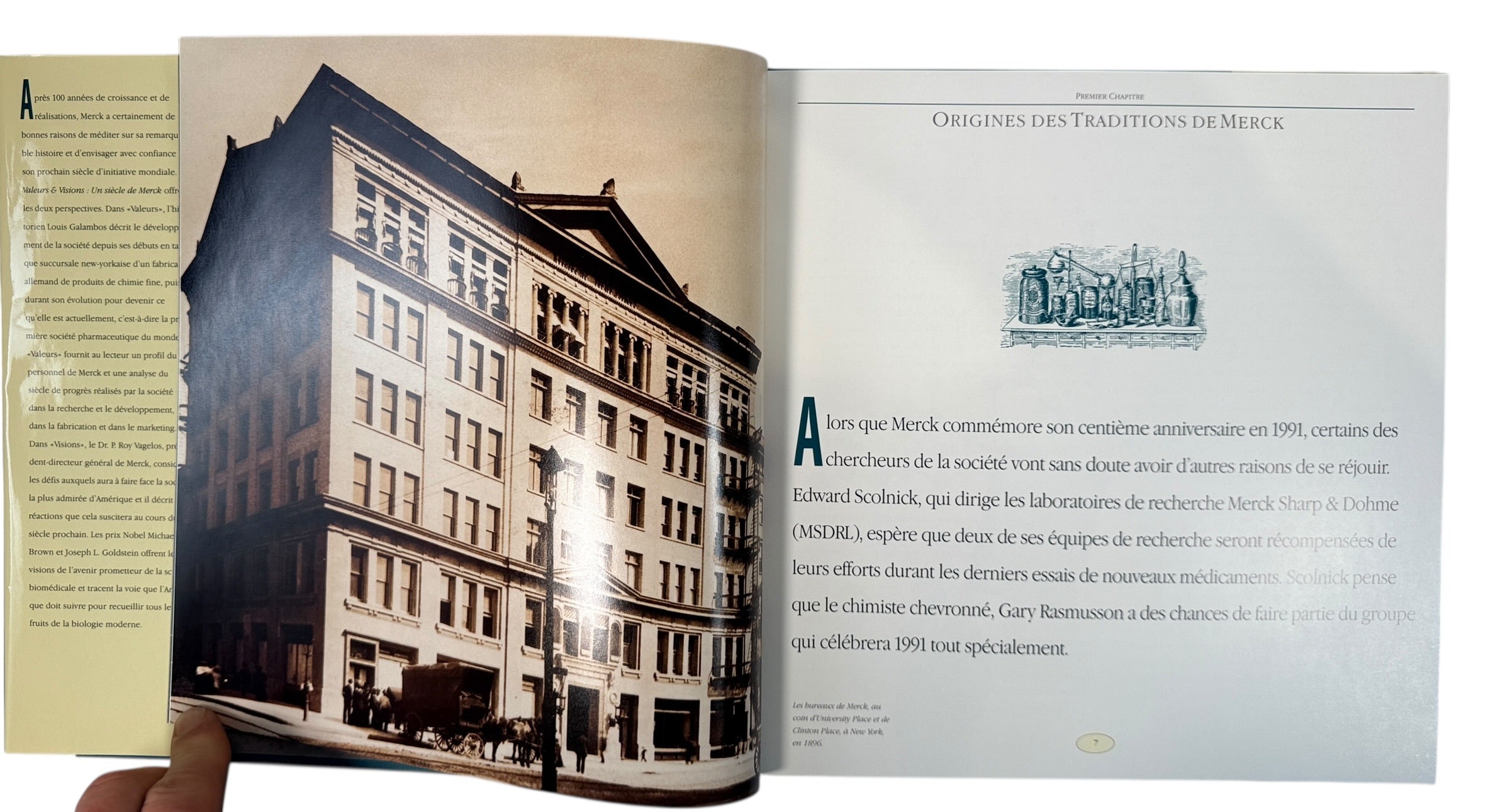 Vintage Merck centennial history book in French featuring archival pharma history photos and corporate memorabilia appeal. Clean collectible hardcover edition.