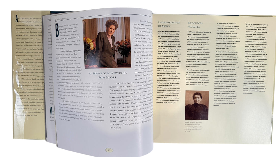 Vintage Merck centennial history book in French featuring archival pharma history photos and corporate memorabilia appeal. Clean collectible hardcover edition.