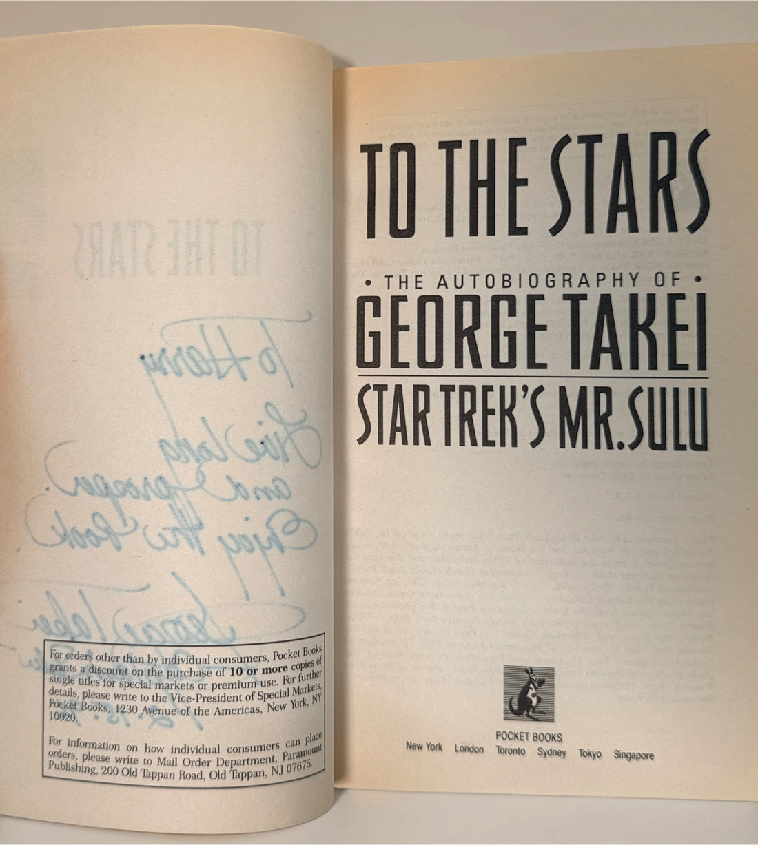 Signed 1995 George Takei To the Stars autobiography, personally inscribed “Live long and prosper,” Captain Sulu and dated 12-15-96. Star Trek collectible.