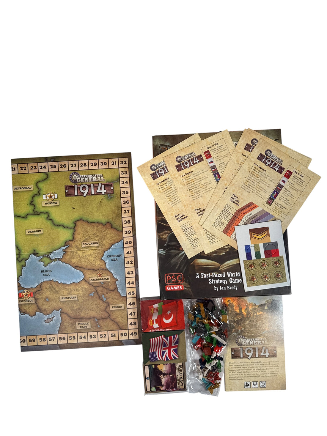 Quartermaster General 1914 WWI strategy board game by PSC Games. Complete modern tabletop war game with minis, cards, and board. Great for history gamers.
