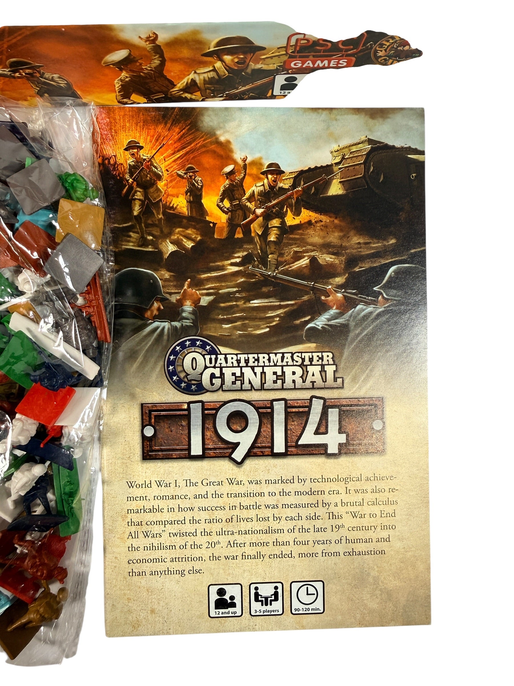 Quartermaster General 1914 WWI strategy board game by PSC Games. Complete modern tabletop war game with minis, cards, and board. Great for history gamers.