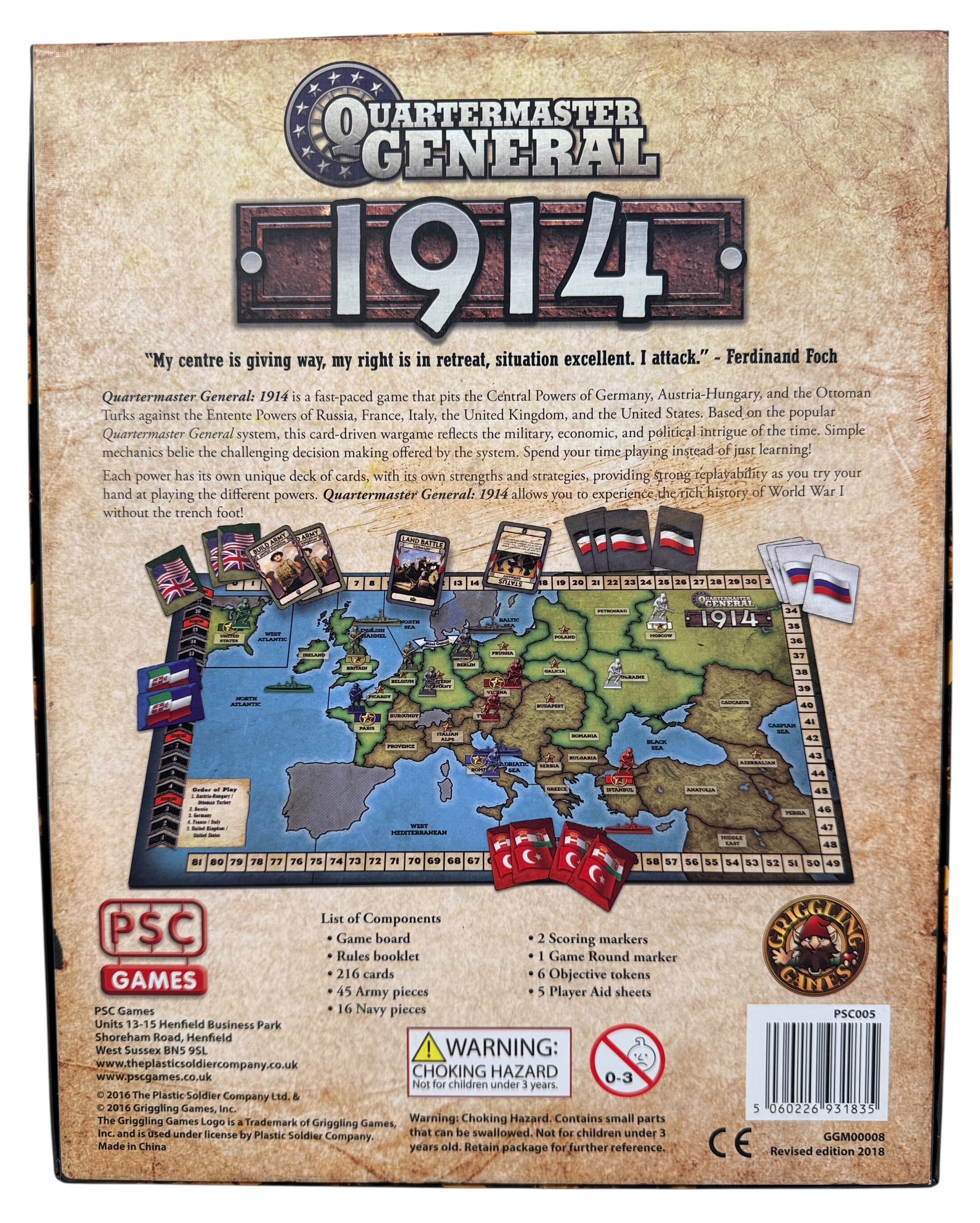 Quartermaster General 1914 WWI strategy board game by PSC Games. Complete modern tabletop war game with minis, cards, and board. Great for history gamers.