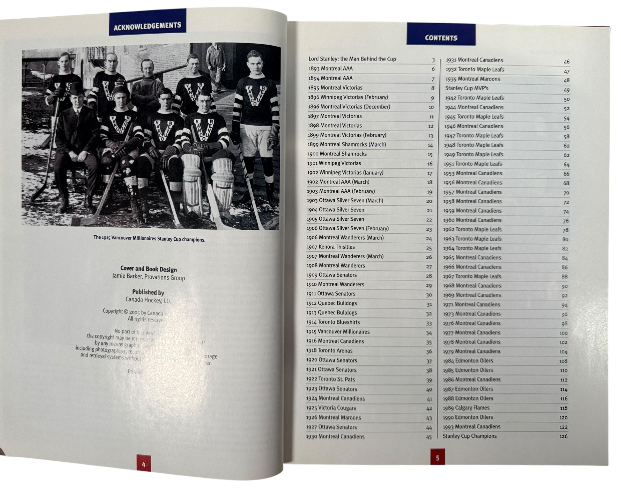 Vintage Stanley Cup hockey history book featuring iconic Canadian teams, archival photos and championship moments. Great sports collectible or gift.