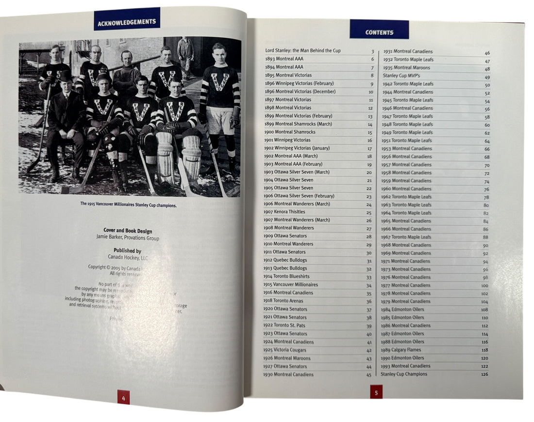 Vintage Stanley Cup hockey history book featuring iconic Canadian teams, archival photos and championship moments. Great sports collectible or gift.