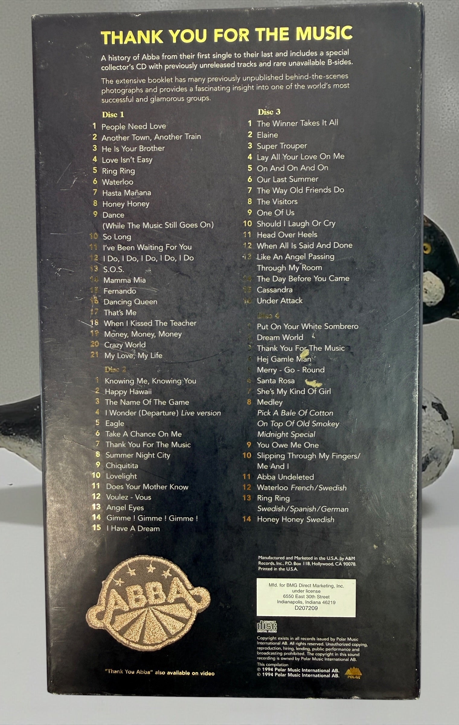 ABBA Thank You for the Music 1994 4-CD BMG box set with illustrated booklet, rarities and B-sides. Complete vintage USA edition with unverified writing.