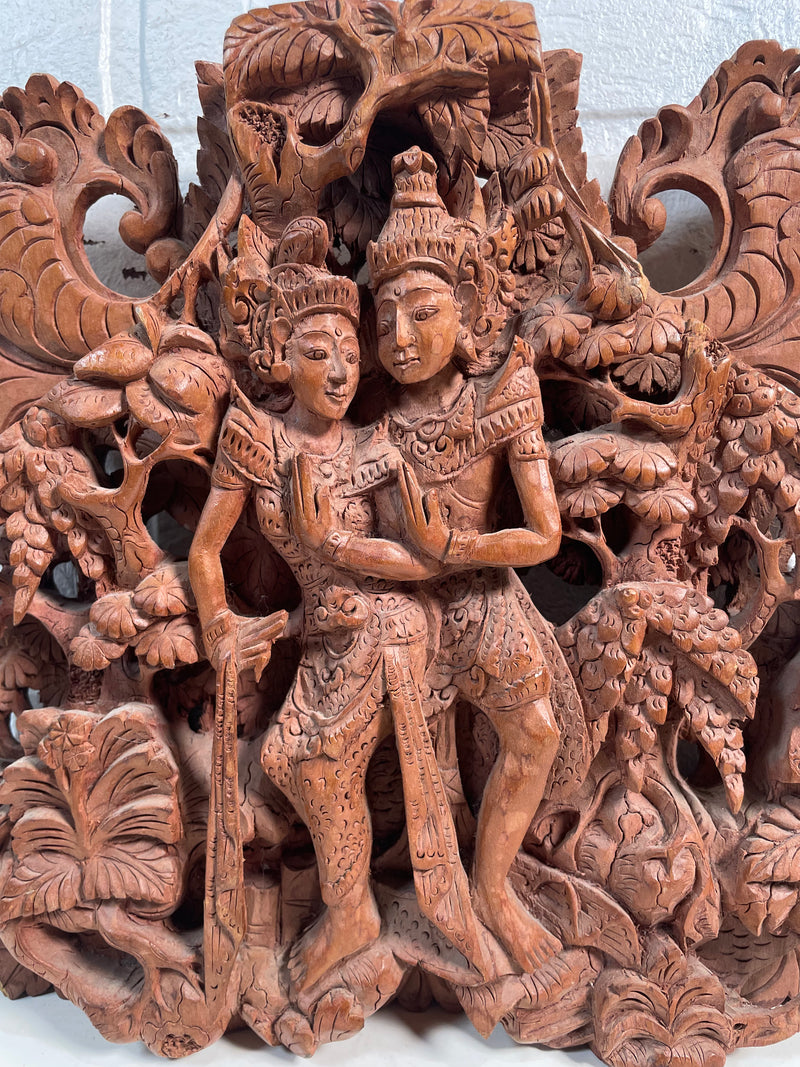 Antique Hand Carved Balinese Rama & Sita Wall Art 8” Wooden Carving Intricate