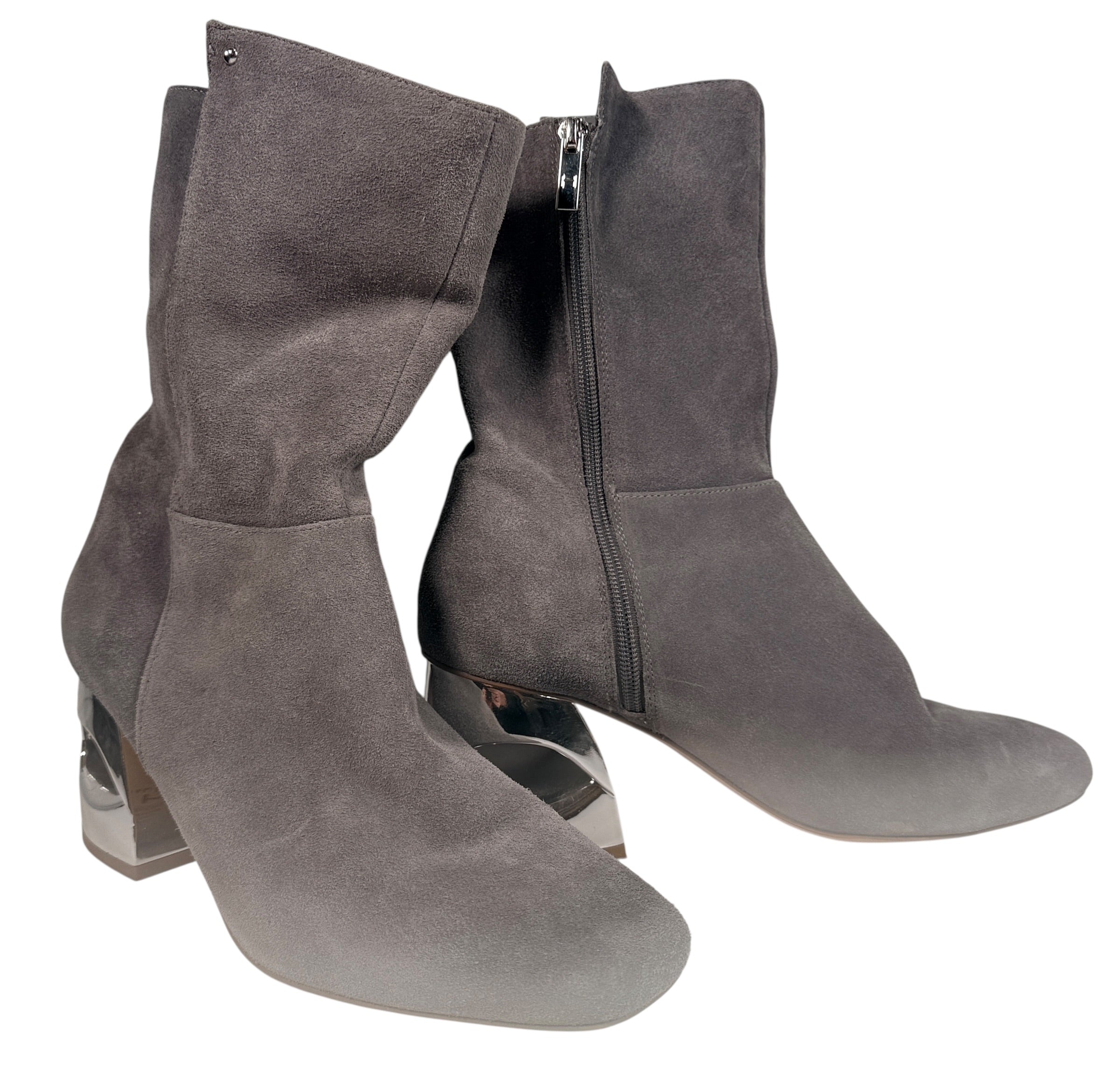 Halston grey suede ankle boots size 10 with sculptural chrome heel. Designer fashion footwear in very good condition, stylish modern statement boots.