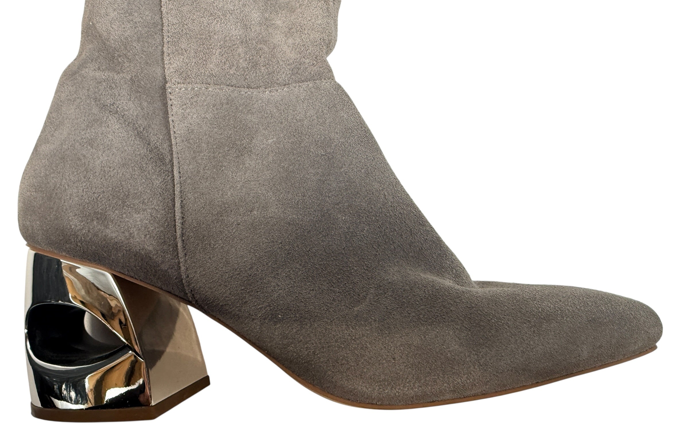 Halston grey suede ankle boots size 10 with sculptural chrome heel. Designer fashion footwear in very good condition, stylish modern statement boots.