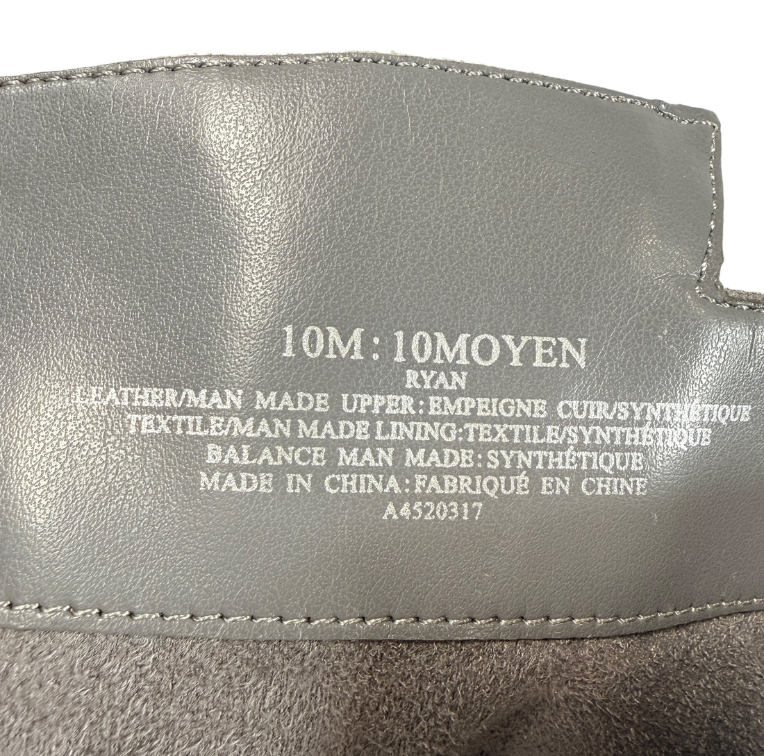 Halston grey suede ankle boots size 10 with sculptural chrome heel. Designer fashion footwear in very good condition, stylish modern statement boots.