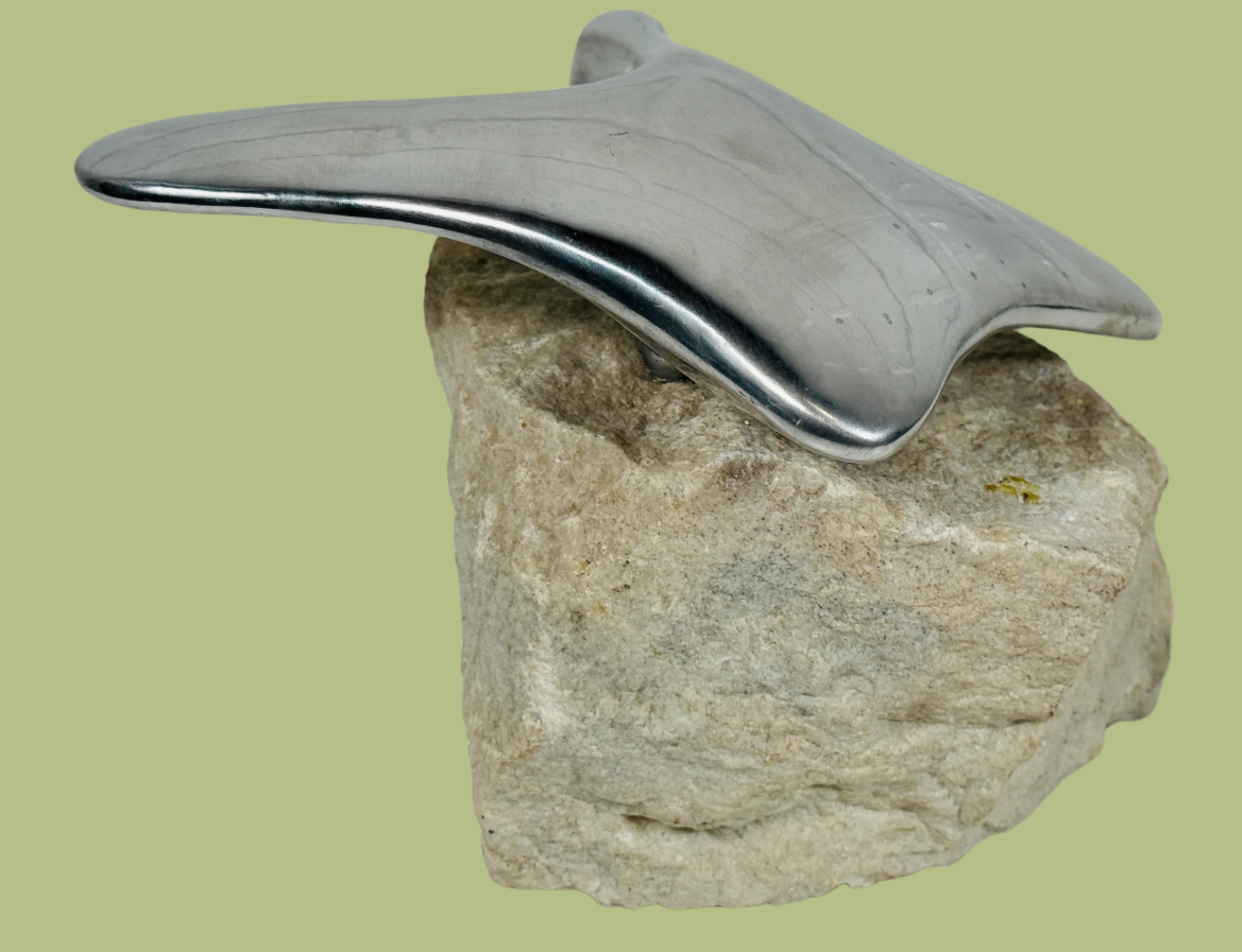 Mid-Century Modern Aluminum Seagull Sculpture on Natural Stone Base – Abstract Bird Art