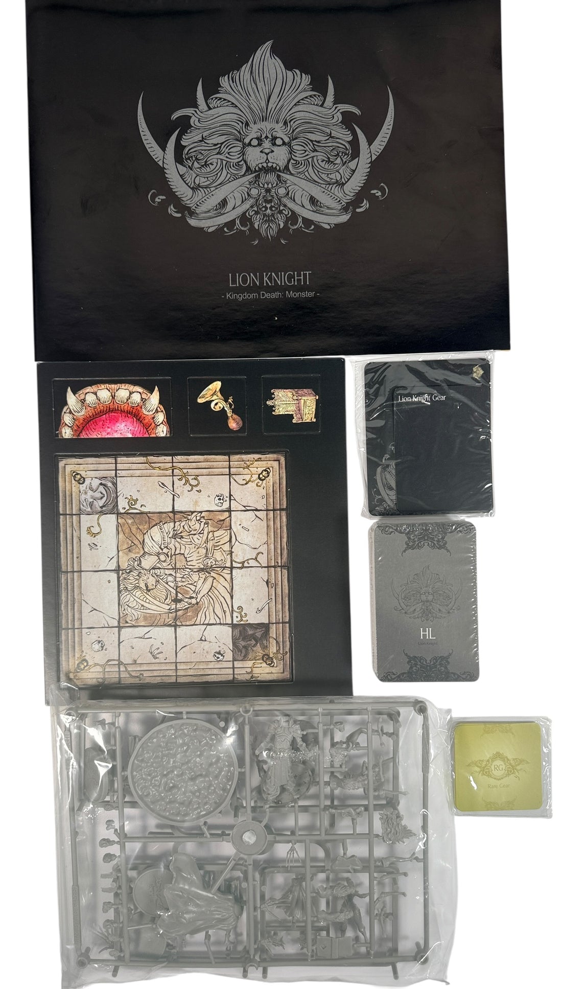 Kingdom Death Monster Lion Knight expansion with unassembled miniatures, cards and board components. Limited release collectible KDM expansion set.