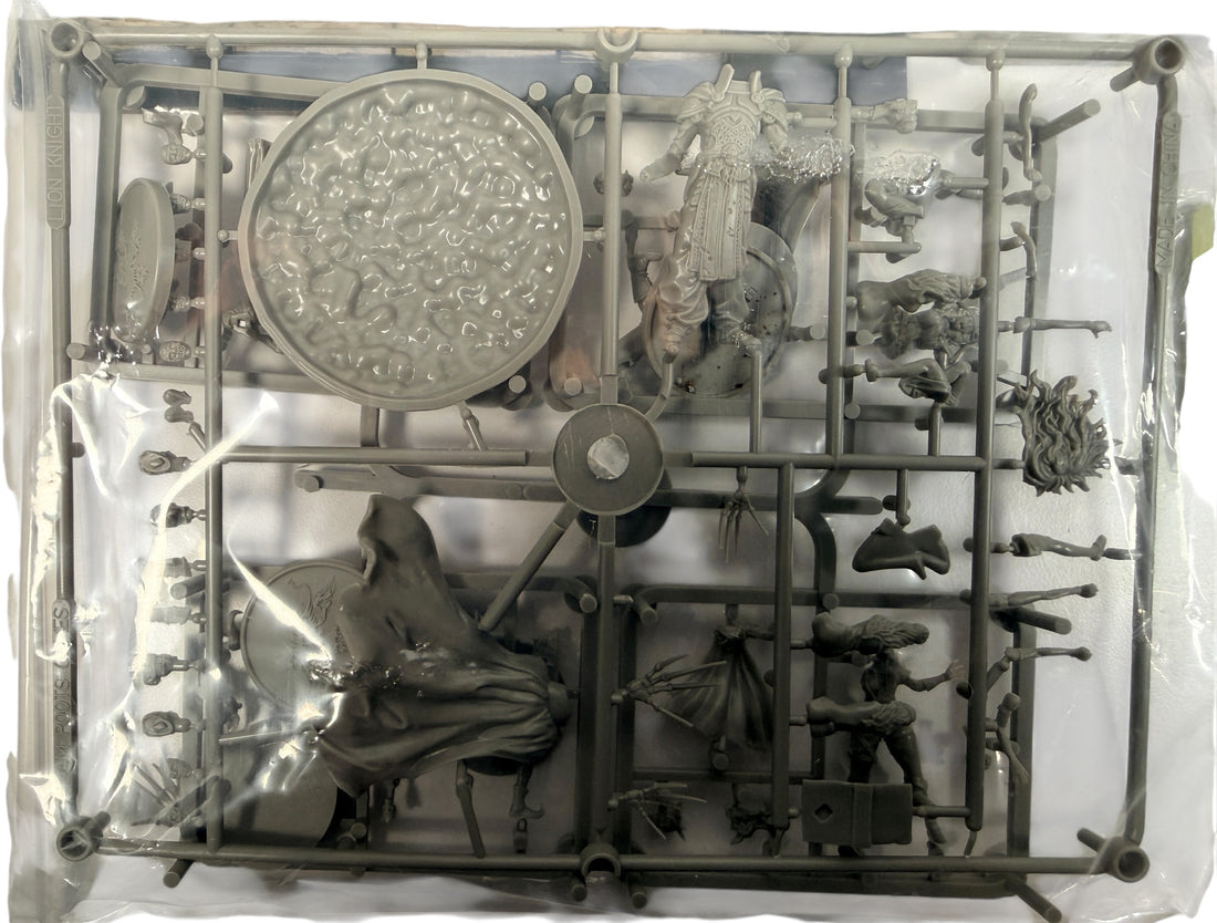 Kingdom Death Monster Lion Knight expansion with unassembled miniatures, cards and board components. Limited release collectible KDM expansion set.