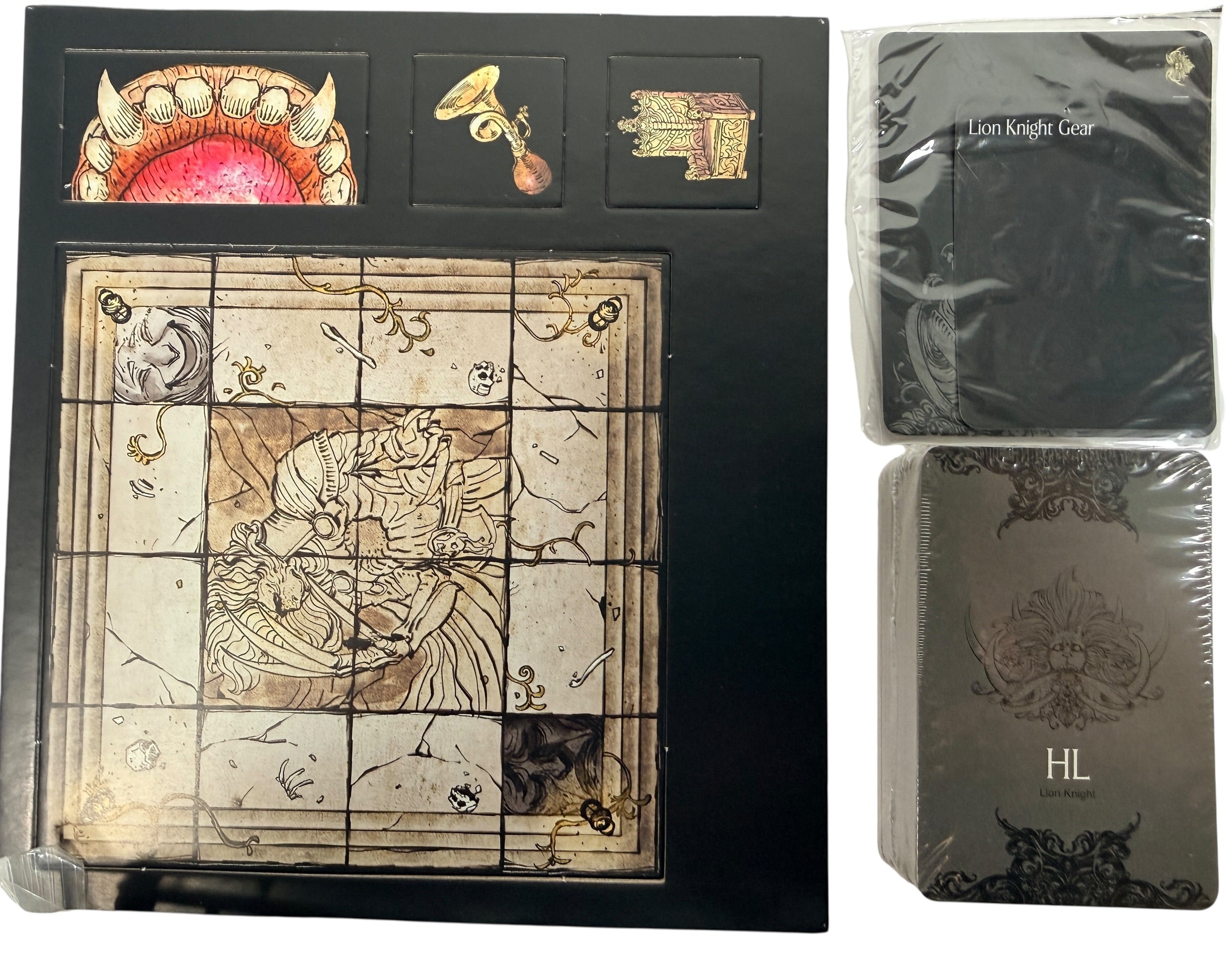 Kingdom Death Monster Lion Knight expansion with unassembled miniatures, cards and board components. Limited release collectible KDM expansion set.