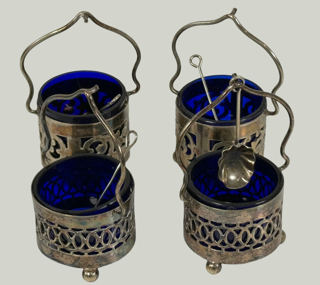 Set of 4 Vintage Cobalt Blue Glass Salt Cellars with Silverplate Holders & Miniature Spoons