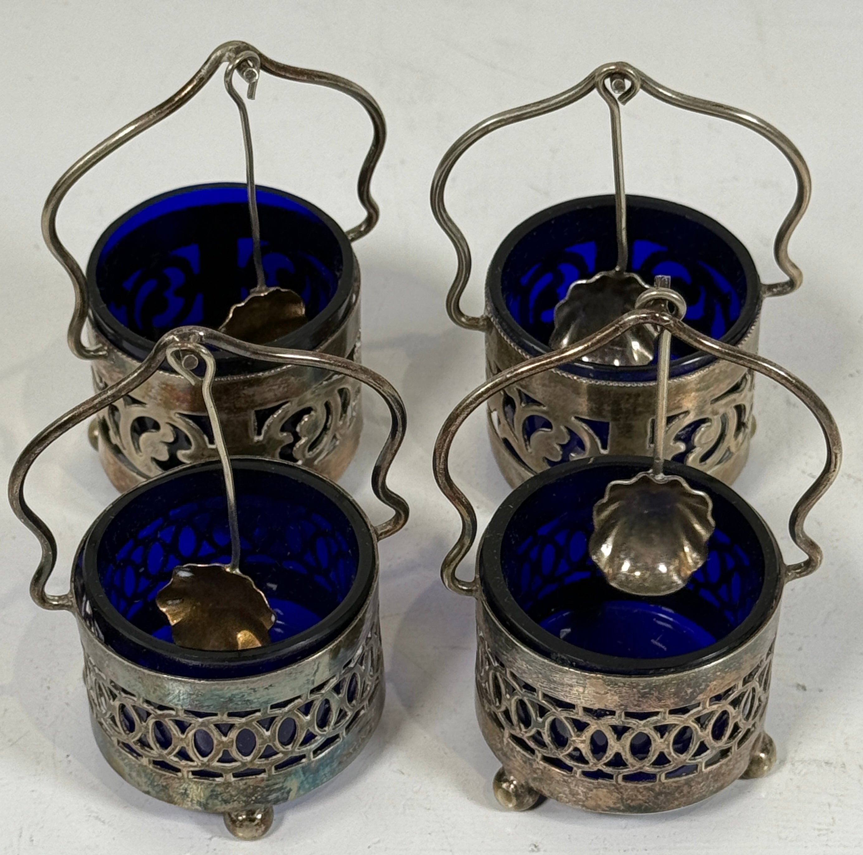 Set of 4 Vintage Cobalt Blue Glass Salt Cellars with Silverplate Holders & Miniature Spoons